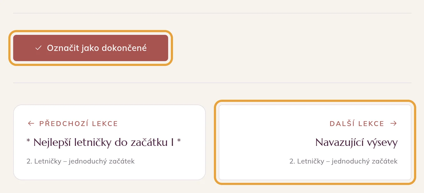 Tlačítko Označit jako dokončené a přechod na další lekci