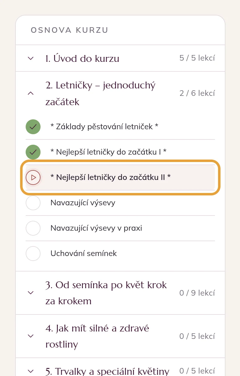 Osnova kurzu vedle videa v lekci