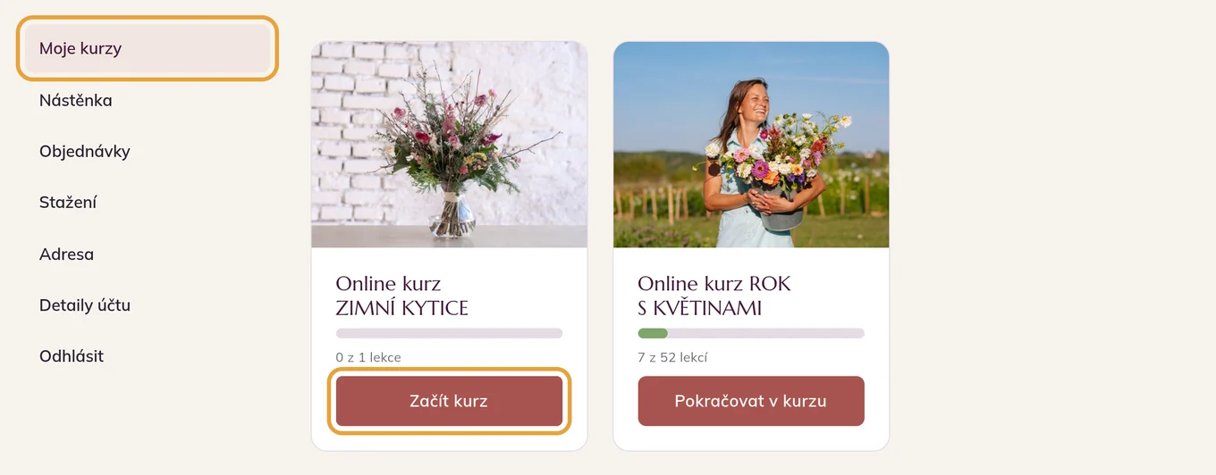 Sekce Moje kurzy v účtu se zakoupenými kurzy