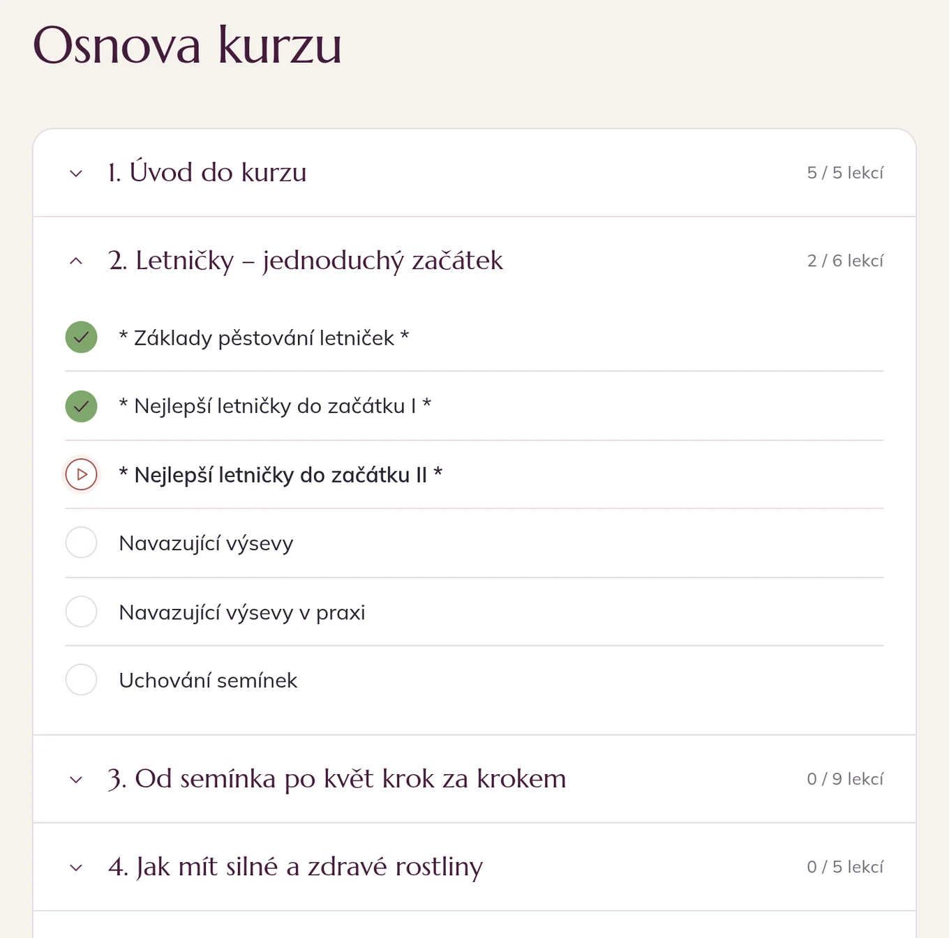 Osnova kurzu s dokončenými a dalšími lekcemi