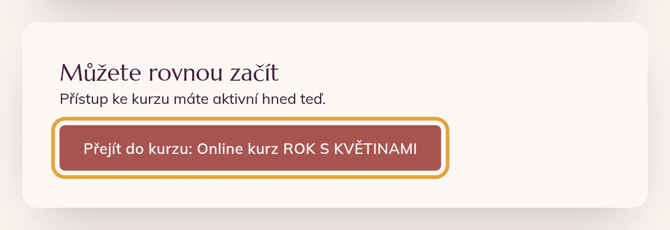 Děkovná stránka po zaplacení s tlačítkem Přejít do kurzu