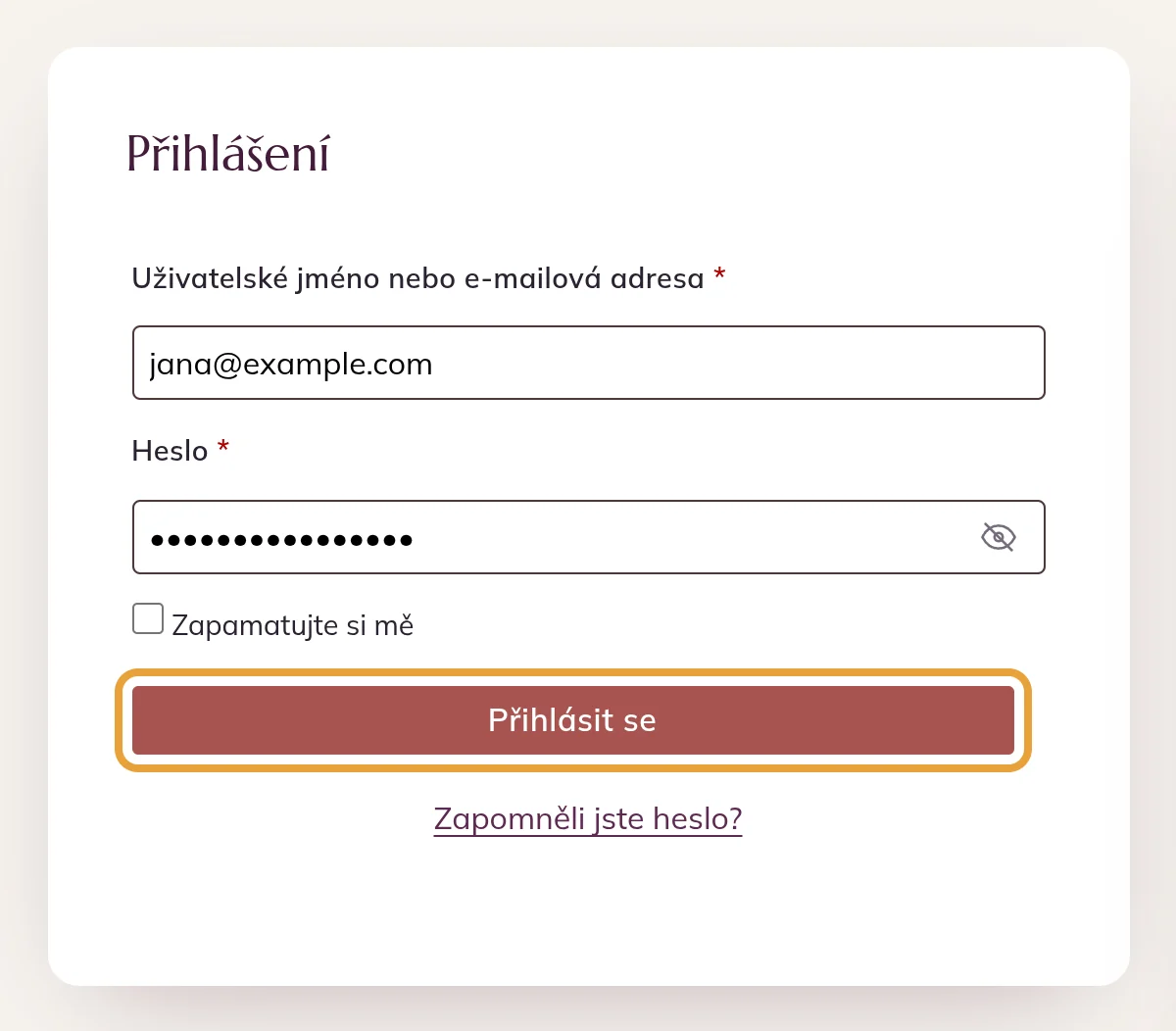 Přihlašovací formulář s e-mailem a heslem