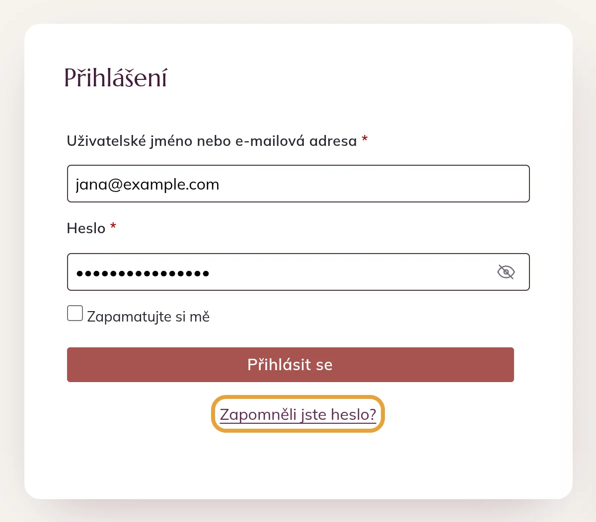 Odkaz Zapomněli jste heslo pod přihlašovacím formulářem